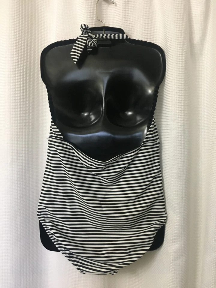Traje de baño Merona para mujer con sujetador talla grande de una pieza halter top negro blanco a rayas Foto 4 de 4