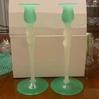 Pair of Steuben Jade Green & White Glass Candlesticks, Circa 1920