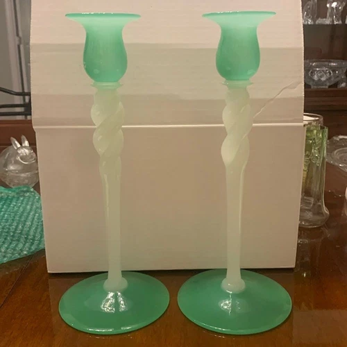 Pair of Steuben Jade Green & White Glass Candlesticks, Circa 1920