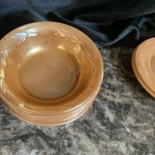 Antique Fire King Peach Luster Saucers Leaf Pattern