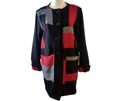 Saga Womens L? Made Italy Black Red Gray Colorblock Button Pockets Coat Jacket