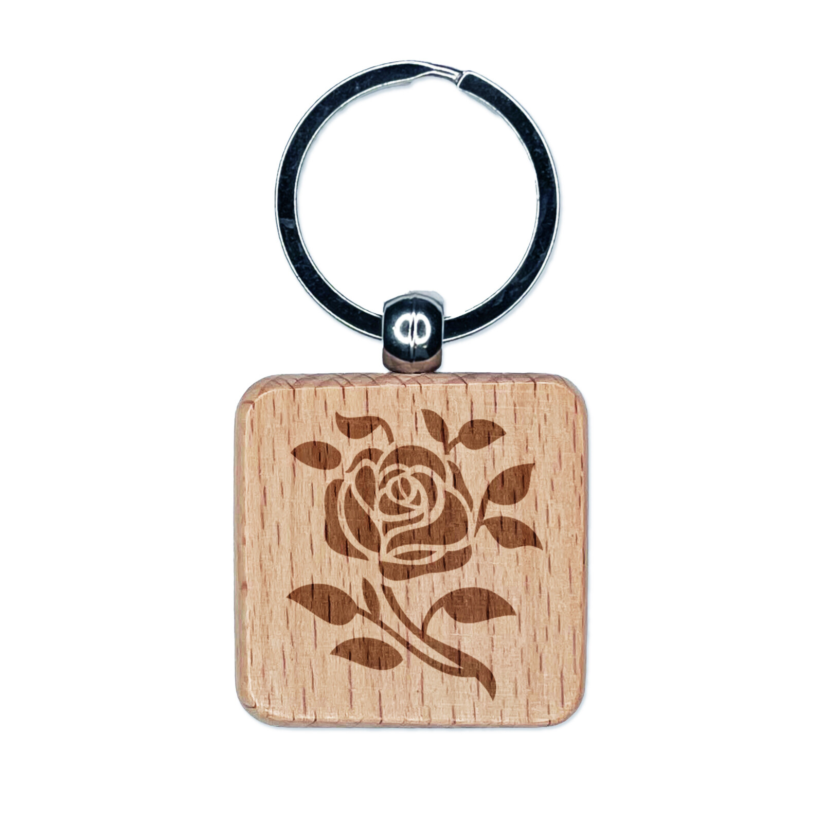 Elegant Wooden Keychain with Rose Stem and Leaf Engraving