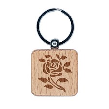Elegant Rose Stem with Leaves Engraved Wood Square Keychain Tag Charm
