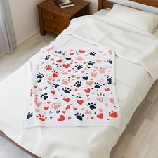 Pet Lover Plush Blanket  Paws  Hearts Pattern Fleece Throw, Velveteen Polyester
