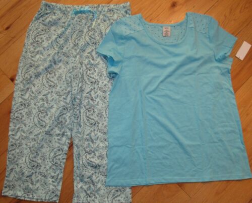 Ensemble haut en tricot Croft & Barrow & pyjama capri pjs neuf avec étiquettes femmes S petite sarcelle paisley - Photo 1 sur 2