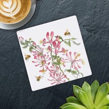 Set of 4 Bee-Tanical Honeysuckle Ceramic Coasters Table Protectors.