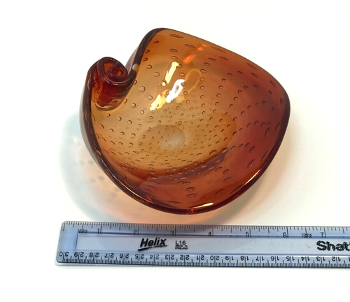 Murano Art Glass Clam Shell Bowl Swirl End and Controlled Bubbles Orange MCM - Picture 3 of 11