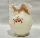 VTG Fenton Antique Rose Pink Opaline Ivory Ruffled Vase | Hand-Painted Art Glass