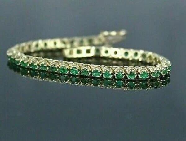 Pulseira de tênis 7,00 ct corte redondo verde esmeralda acabamento ouro amarelo 14k 7 polegadas - Imagem 3 de 4