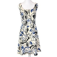 Anthropologie Vanessa Virginia Ink Set Bloom Fit Flare Dress Ivory Blue 12 NWT