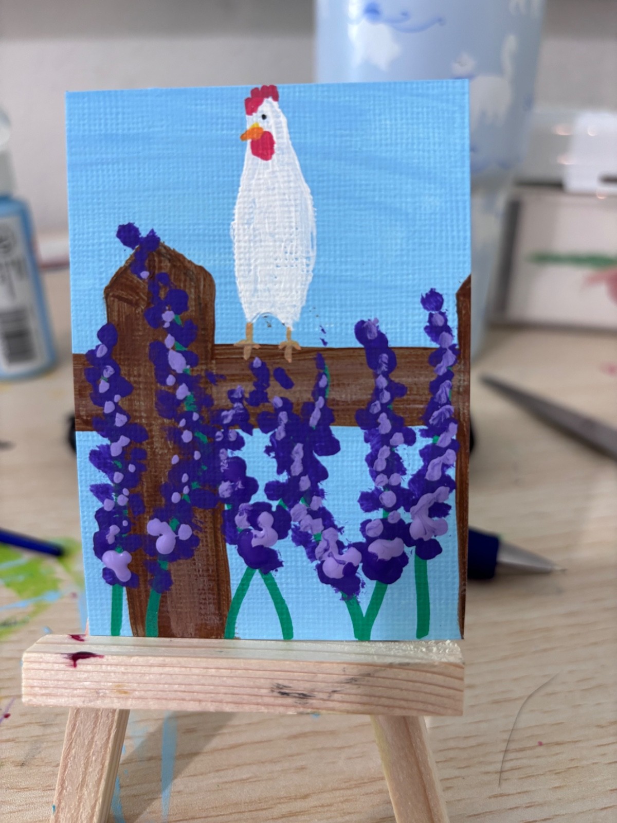 ACEO Original Art, Chicken on a Fence, Acrylic Marker Art, 2.5 x 3.5 in