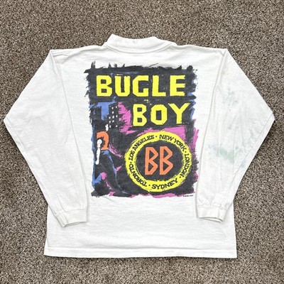 Vintage Bugle Boy Long Sleeve T-Shirt Boys Size XL White Retro Graphic 90s USA