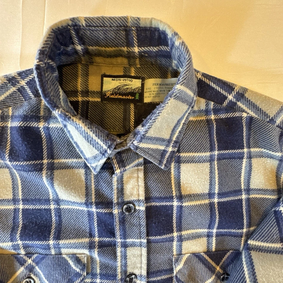 Fieldmaster Vintage Y2K Blue Plaid Flannel Shirt Men’s Size Medium Made in USA - Image 4 of 4