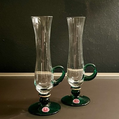 Pair Of Hoya Romania Optical Crystal  Glasses With Green And Gold Detail