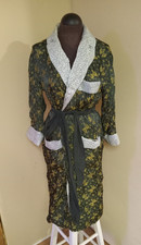 Vtg 50s Green Silk Gold Floral Print Men Embroidered Dressing Gown Smoking Robe