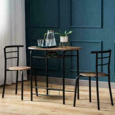3Pcs Fire Wood Breakfast Dinning Table Set for Couples with 2 Curved Back Chairs
