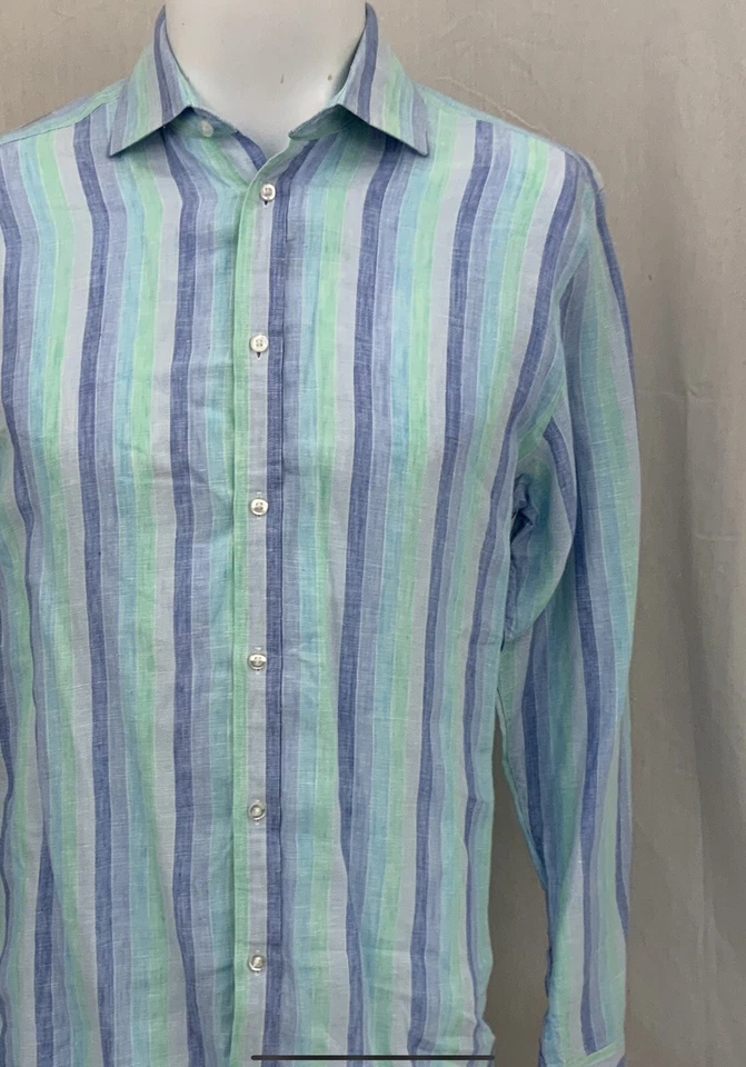 Camisa Saks Fifth Avenue S Azul Verde Rayas 100% Lino YGI N2-400 Foto 3 de 4