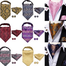 Mens Ascot Cravat Gold Red Black Paisley Jacquard Hankie Cufflinks Tie Set