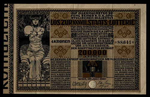 TT 1907 ÖSTERREICH TICKET FÜR DIE 38. LANDESLOTTERIE FÜR GEMEINNÜTZIGE ZWECKE