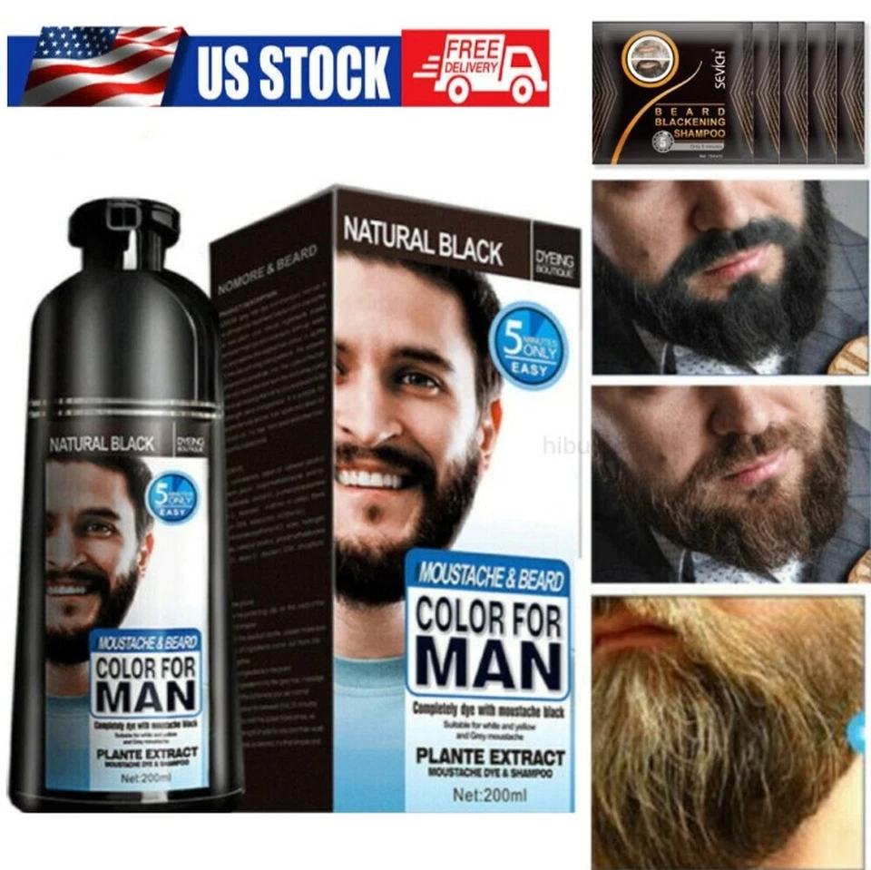 Champú para hombre 2 en 1 barba bigote color cabello natural tinte negro permanente Foto 2 de 4