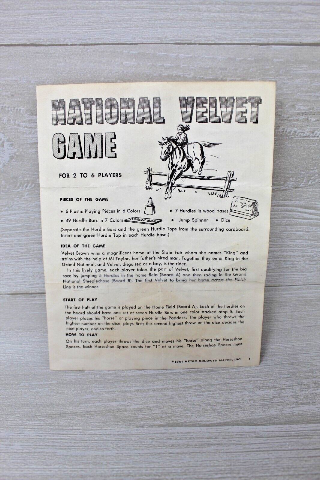 NATIONAL VELVET Vintage Board Game Pieces Game Instructions 1961 | eBay