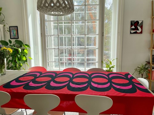 Vintage Marimekko Kaivo Stoff Tischdecke, roter geometrischer Vorhang oder Wandhänge - Bild 5 von 6