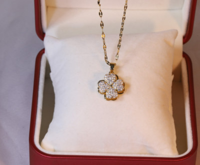 Titanium Gold Spin Flower Lucky Clover Pave C. Zirconia Pendant Chain Necklace
