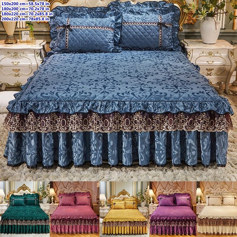 Luxury Velvet Quilted Bedskirt Thicken Warm Bed Cover Fitted Sheet  Pillowcase | eBay