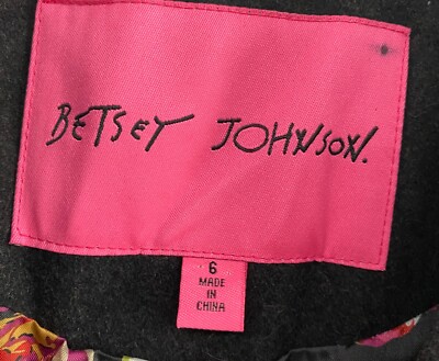 Betsey Johnson Trench Coat Womens 6 Black Grayish Wool Rayon Blend