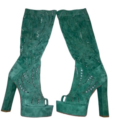 Baldinini Green Women Suede Peep toe Pump Heel Boots