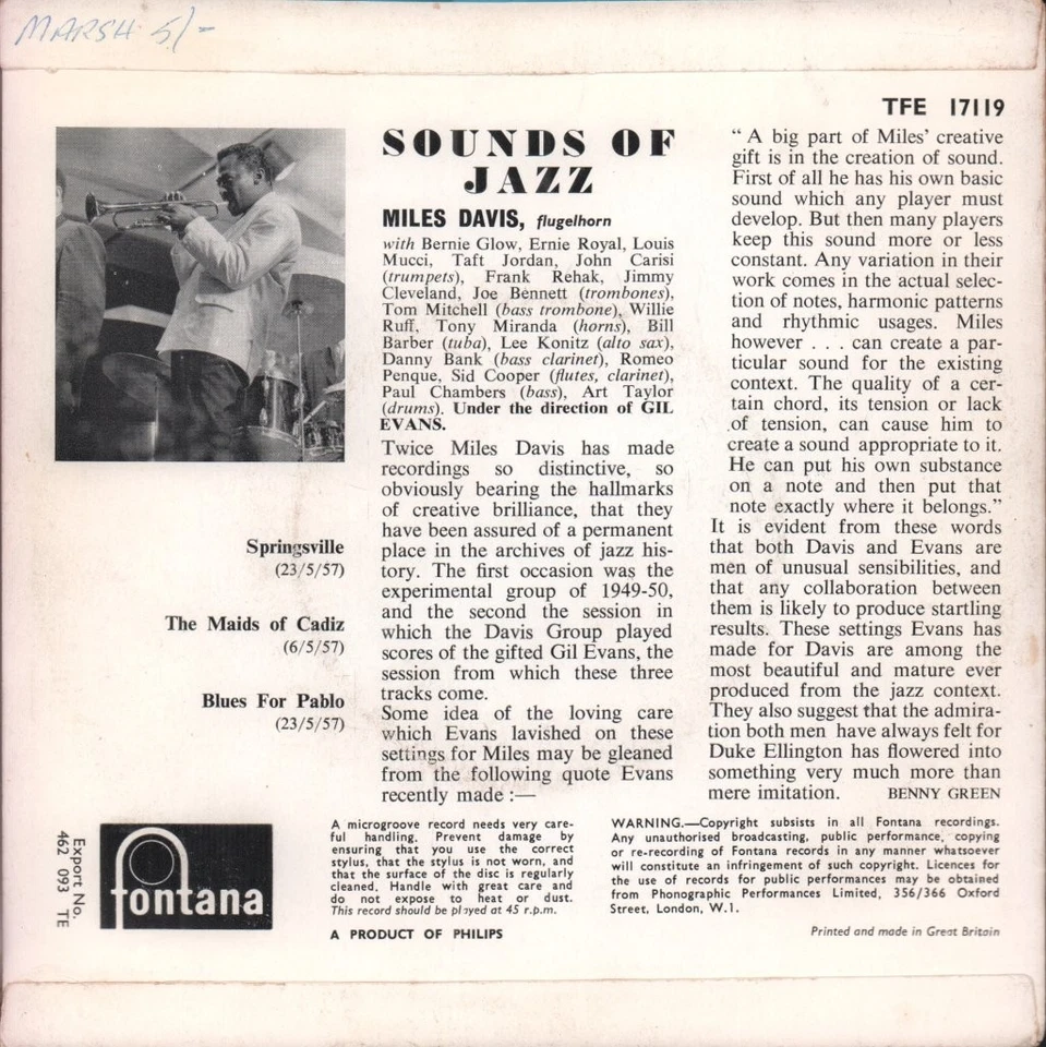 Miles Davis Sounds of Jazz 7" vinyl UK Fontana 1957 ep in pic sleeve - has name - Image 2 of 3