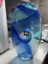 MCM Art Glass Vase Blue Swirls Hand Blown 10  Tall. Beautiful.