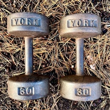 🏋️ Rare 1950s York Bun Head 30 lb Dumbbells Set Vintage Cast Iron Round Barbell