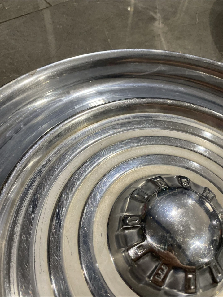 Vintage 1956 Oldsmobile Metal Wheel Chrome Hubcaps 15” 2pc - Image 3 of 4
