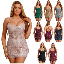 Womens Shiny Mini Dress Sequined Tassel Spaghetti Straps Bodycon Dress for Party