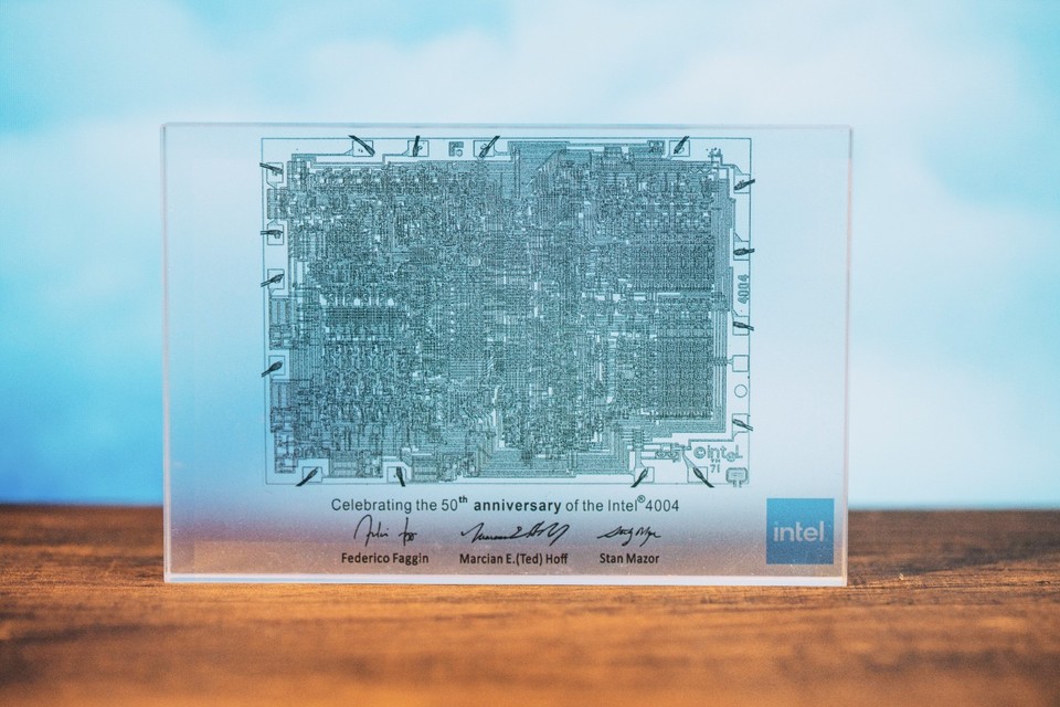 The Intel 4004 — the world's first microprocessor — immortalized in a resin display block for its 50th anniversary; this is desk art with actual historical weight.