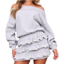 PrettyLittleThing Light Gray Bardot Flirty Ruffle Frill Sweatshirt Mini Dress