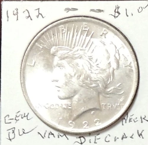Gem Brilliant Uncirculated 1922 US Peace Silver Dollar 90%, Die Crack at neck