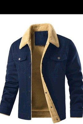 Men's Heavyweight Cotton Plush Jacket - Navy Blue &, Button-Front Closure, Chest