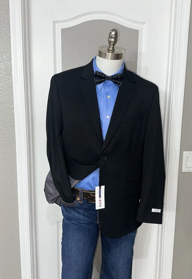 IZOD костюм размер 42S 2 кнопки мужской блейзер в полоску формы памяти черный новый - Изображение 2 из 4