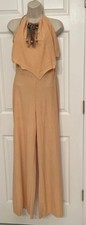 Vintage 70s Halter Chamois Jumpsuit Stretch Beads Boho Bellbottom Size Small S