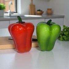 Vintage Murano Style Blown Glass Vegetable LOT of 2 Peppers Red & Green