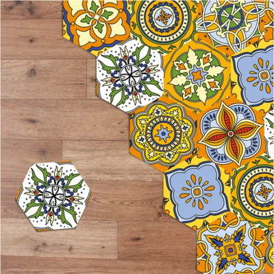 Walplus Blumenmuster Sechseck Boden Wandfliesen Sicker gelb orange blau 10er set