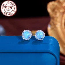 Blue Mystical Opal Big Round Gemstone Stud Earrings 925 Sterling Silver Jewelry