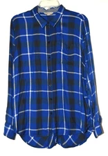 Lucky Brand Blue Plaid Flannel Back Split Button Womens Rayon Tunic Shirt Size L