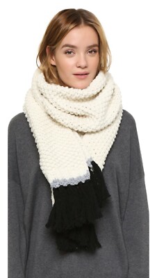 Kate Spade Scarf Chunky Wool Knit Shawl Tassels Ivory Black 100