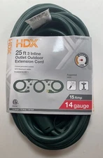 NEW!!! HDX Home Depot 25ft 14 Gauge 3 Inline Outlet Outdoor Extension Cord Green