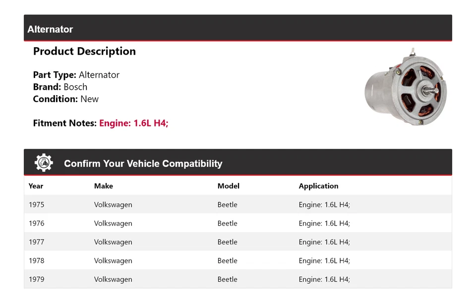 For 1975-1979 Volkswagen Beetle 1.6L H4 Bosch Alternator (New) 1976 1977 1978 - Image 2 of 4