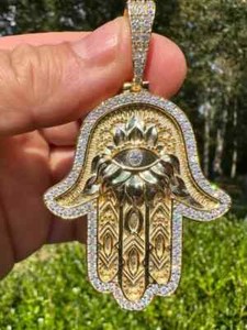 Authentic Hamsa Evil Eye Hand Pendant 2.10 Ct Real Moissanite 14K Yellow Gold Plated
