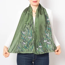 Floral Hand Painted Silk Scarf Snowdrop Scarf Green Scarf Mother Day Gift 53X13